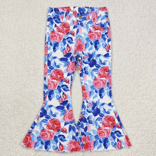 P0466   Blue Flowers Denim Bell Bottom Jeans Girls 4th of July Pants