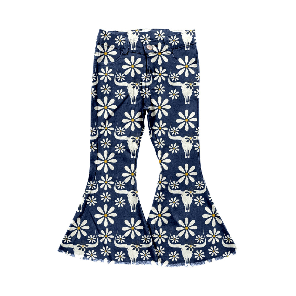 (Pre-order)  P0474 Cow Skull Daisy Navy Denim Bell Bottom Jeans Girls Western Pants