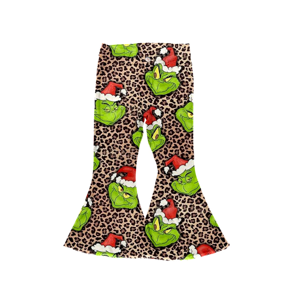 (Pre-order)  P0482 Green Frog Leopard Denim Bell Bottom Jeans Girls Christmas Pants