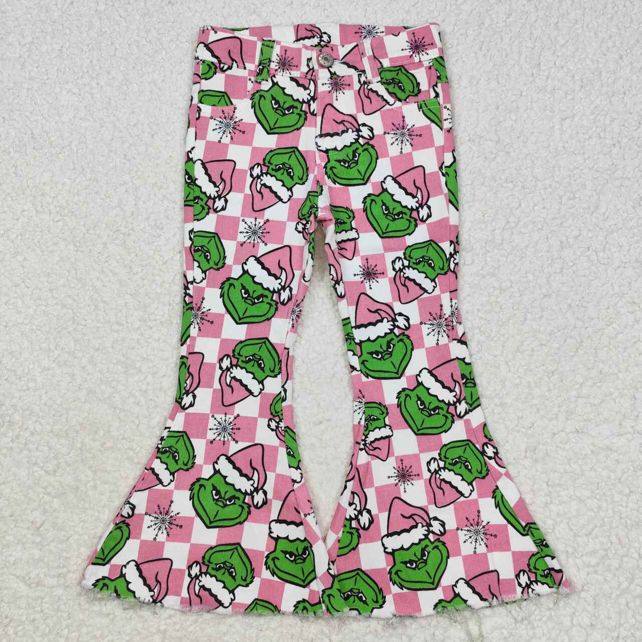 P0483 Green Frog Pink Plaid Denim Bell Bottom Jeans Girls Christmas Pants