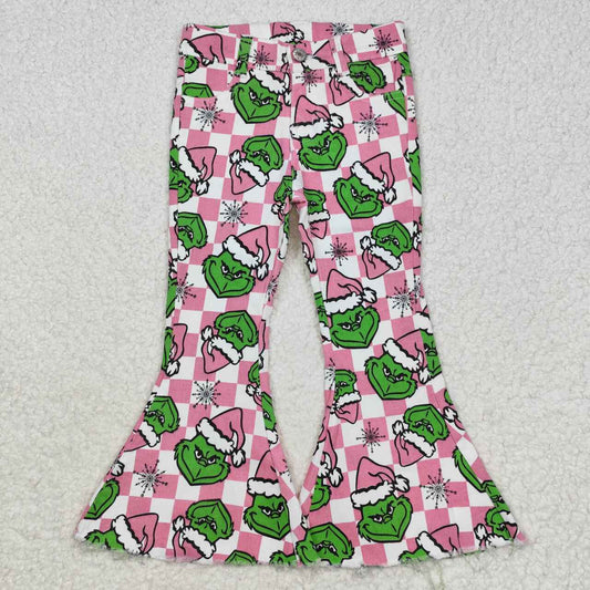 P0483 Green Frog Pink Plaid Denim Bell Bottom Jeans Girls Christmas Pants