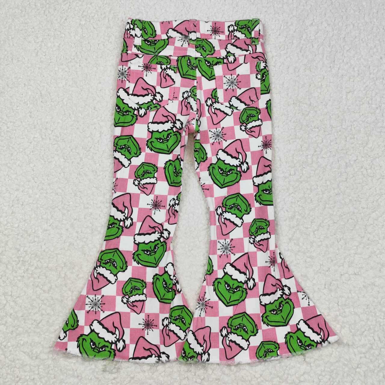 P0483 Green Frog Pink Plaid Denim Bell Bottom Jeans Girls Christmas Pants