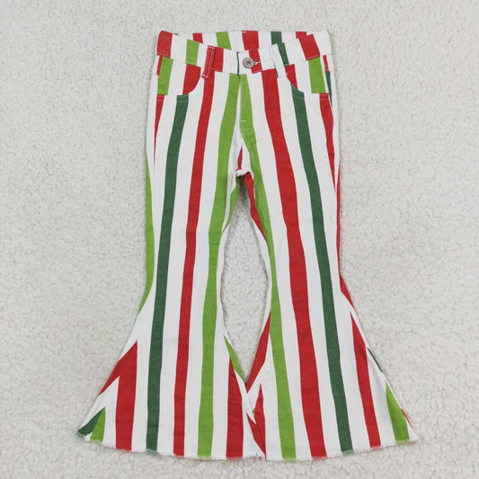 P0484 Green Red Stripes Denim Bell Bottom Jeans Girls Christmas Pants