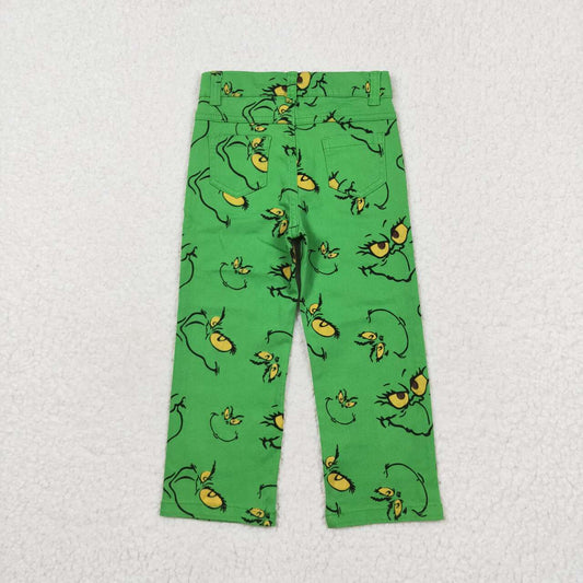 P0485 Green Frog Face Denim Straight Jeans Kids Christmas Pants