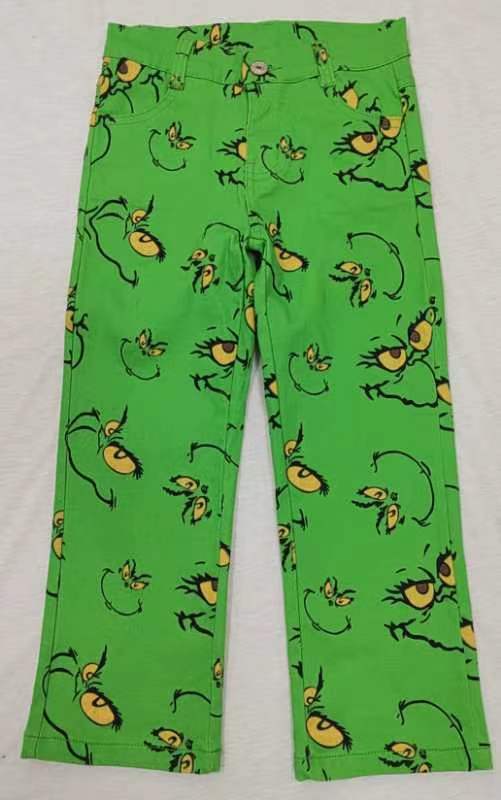 (Pre-order)  P0485 Green Frog Face Denim Straight Jeans Kids Christmas Pants