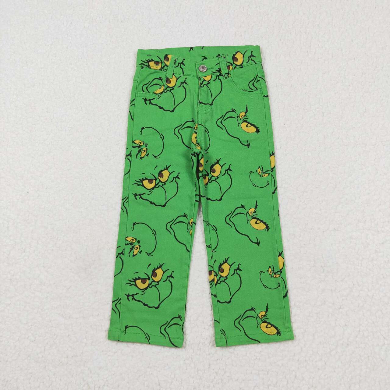 P0485 Green Frog Face Denim Straight Jeans Kids Christmas Pants