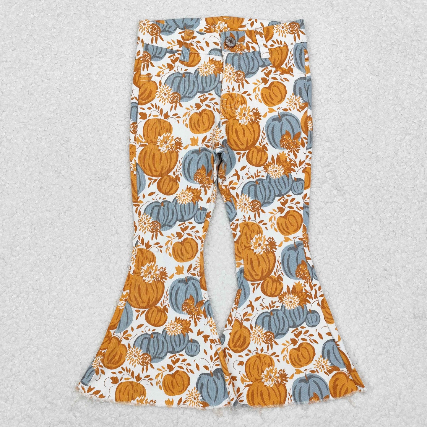 P0487 Pumpkin Flowers Denim Bell Bottom Jeans Girls Fall Pants