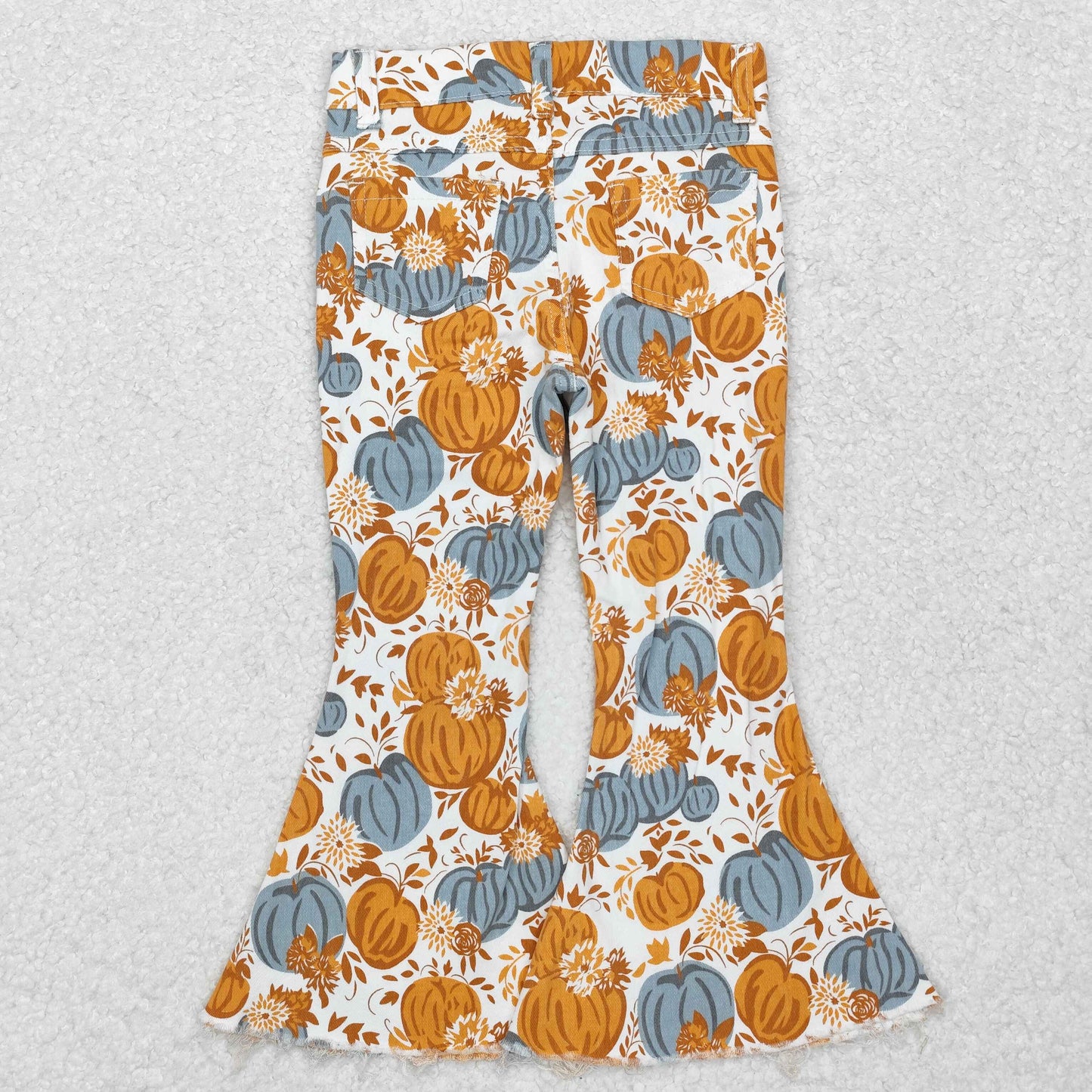 P0487 Pumpkin Flowers Denim Bell Bottom Jeans Girls Fall Pants