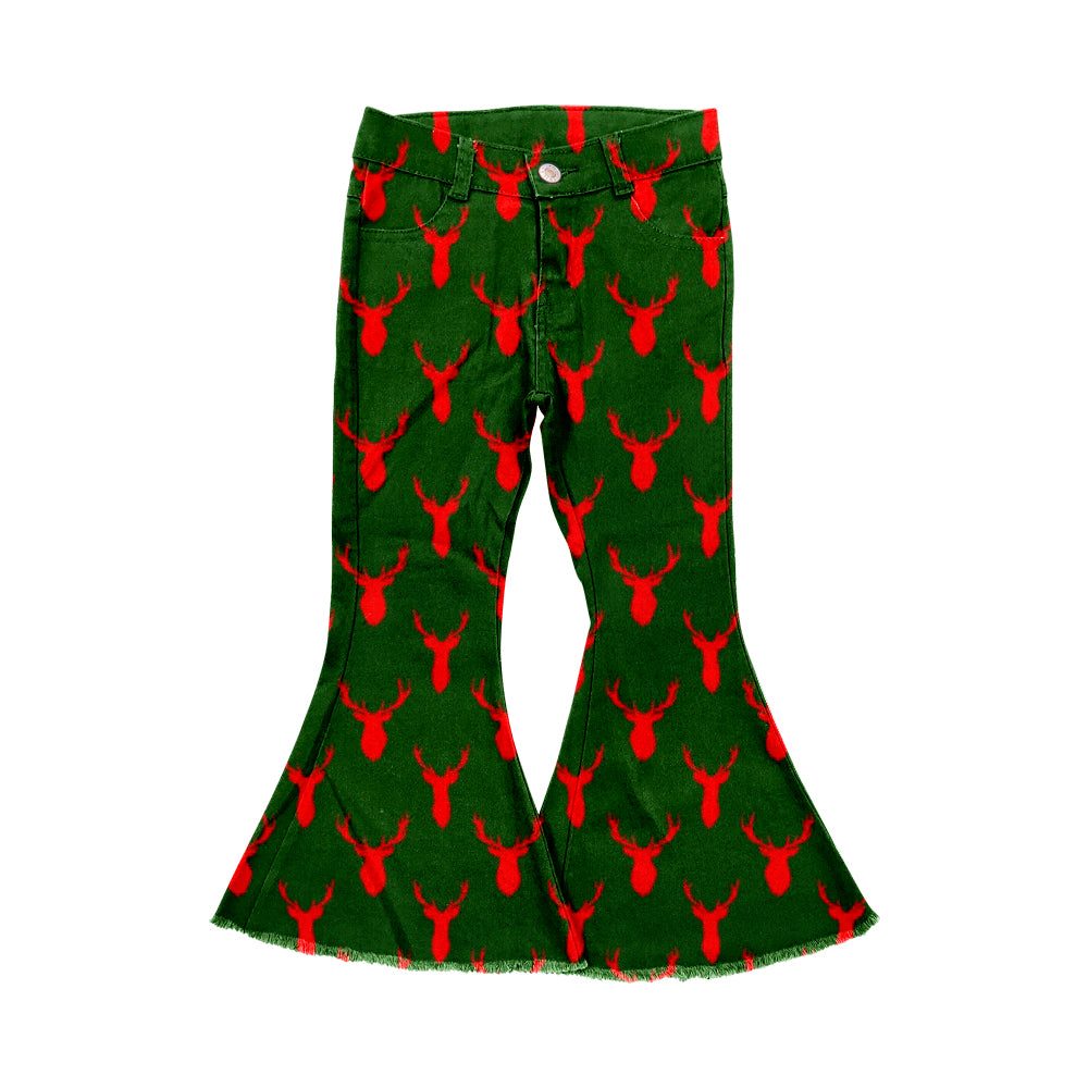 (Pre-order)  P0515 Red Green Deer Denim Bell Bottom Jeans Girls Christmas Pants