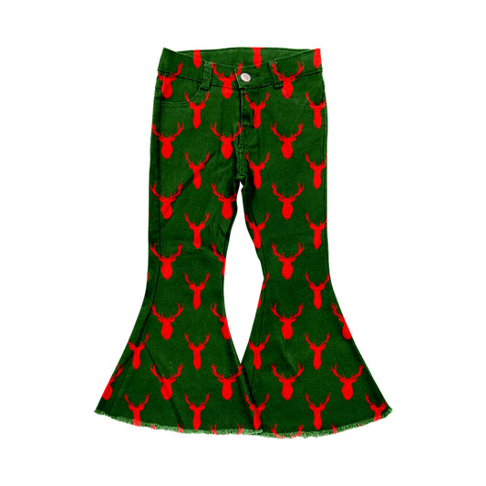 (Pre-order)  P0515 Red Green Deer Denim Bell Bottom Jeans Girls Christmas Pants