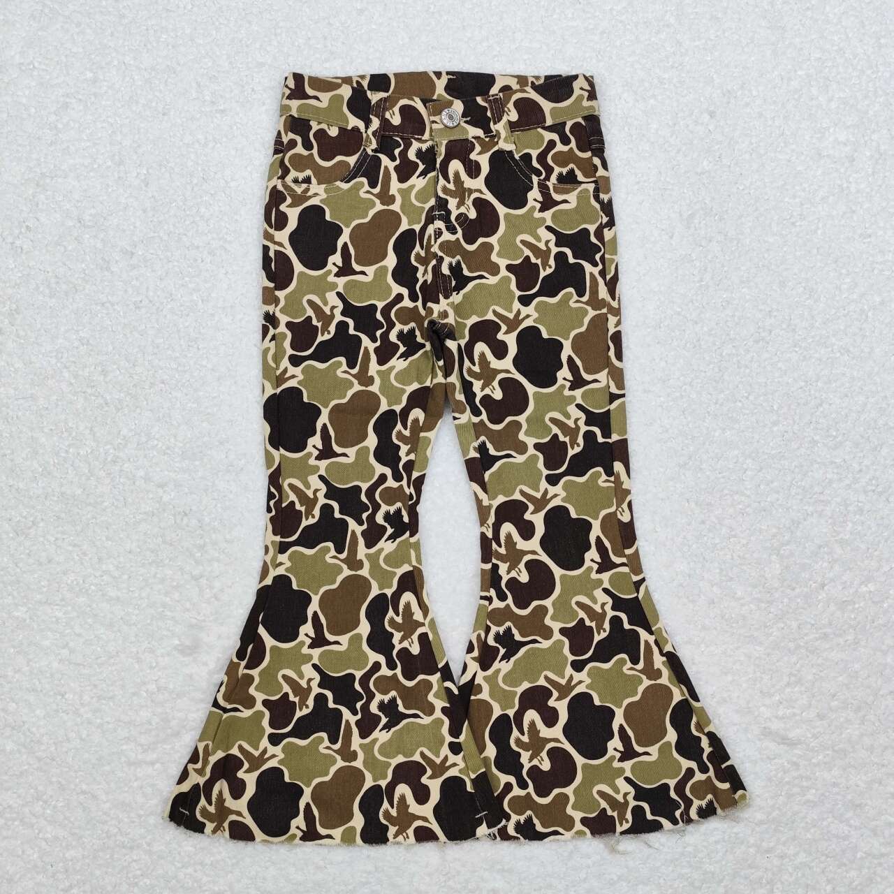 P0529 Duck Camo Denim Bell Bottom Jeans Girls Fall Pants