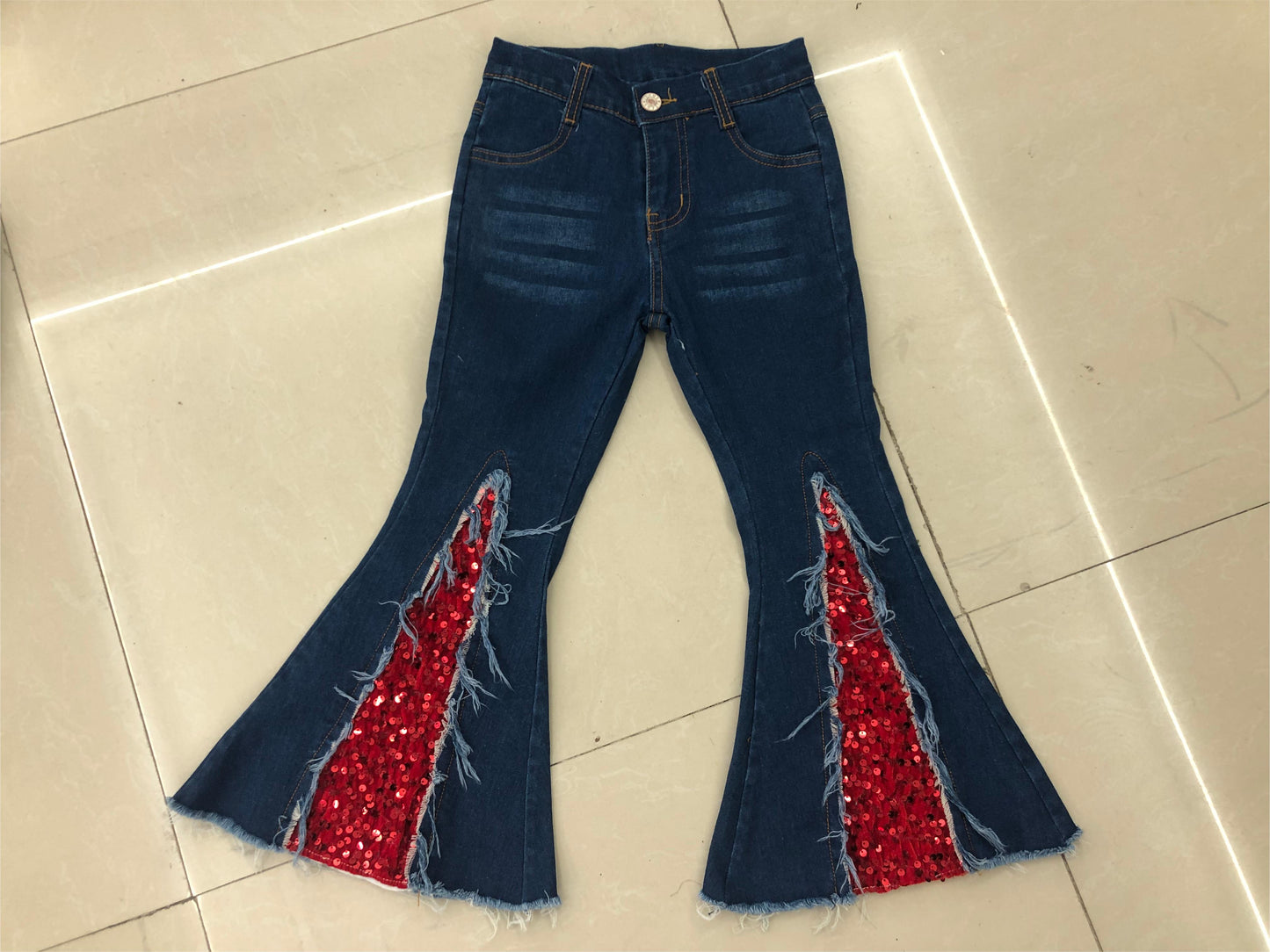 (Pre-order)  P0532 Blue Denim Red Sequin Bell Bottom Jeans Girls Christmas Pants