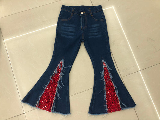 (Pre-order)  P0532 Blue Denim Red Sequin Bell Bottom Jeans Girls Christmas Pants
