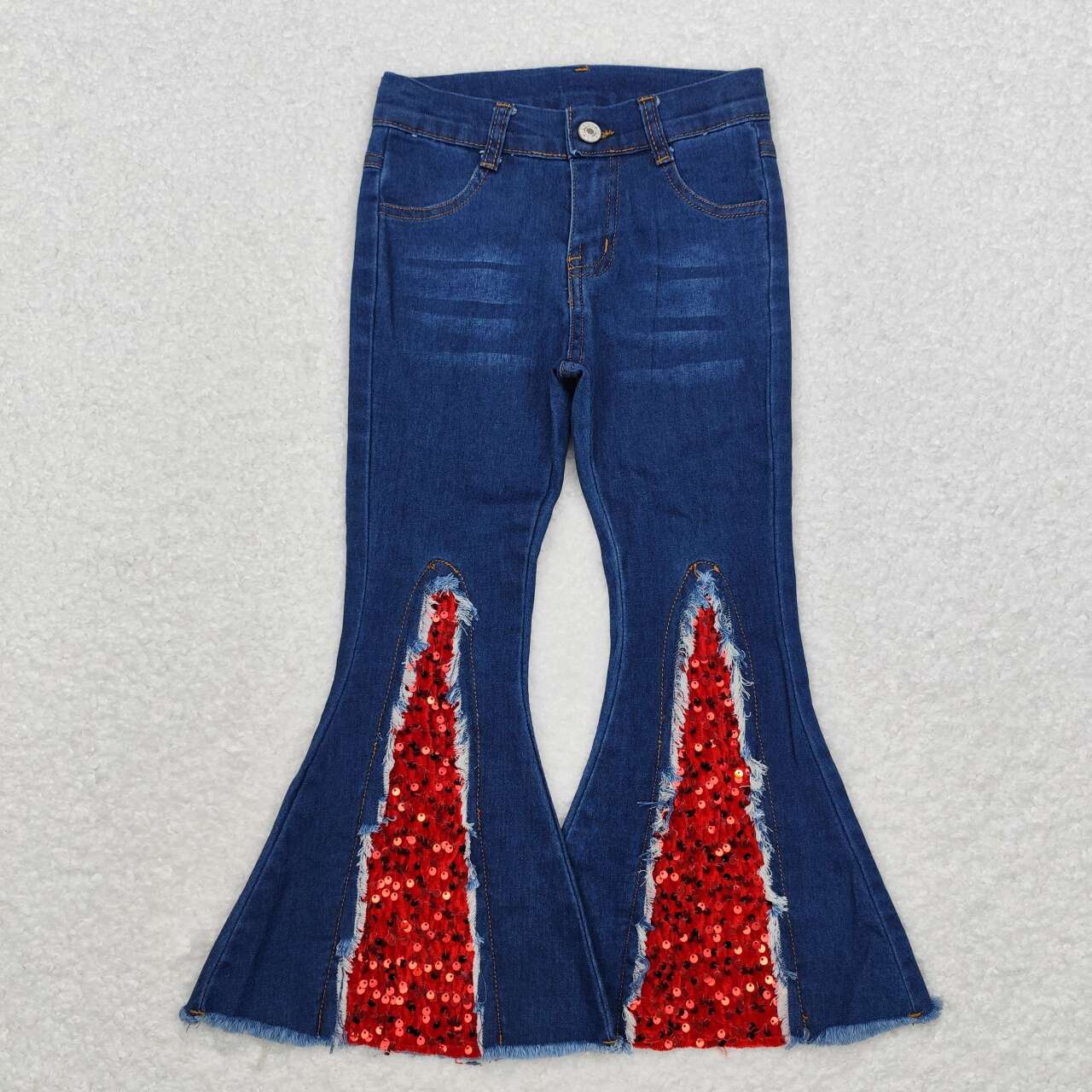 P0532 Blue Denim Red Sequin Bell Bottom Jeans Girls Christmas Pants