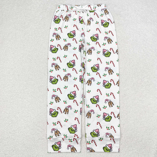 P0536 Green Frog Face Holly Print Adult Christmas Woman Pajamas Pants