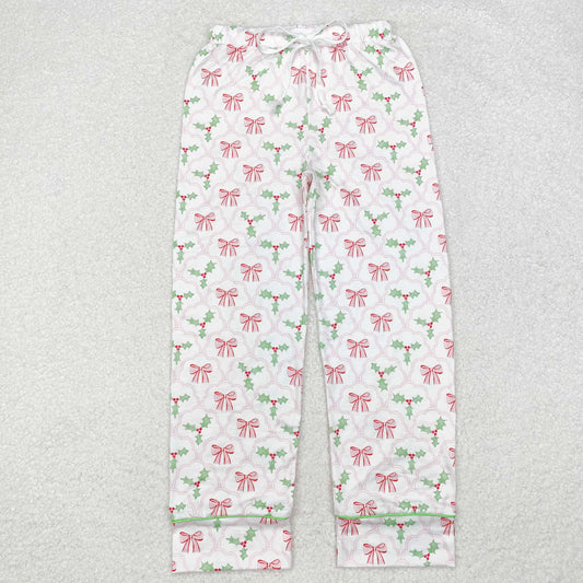 P0545 Pink Bows Holly Print Adult Christmas Pajamas Pants