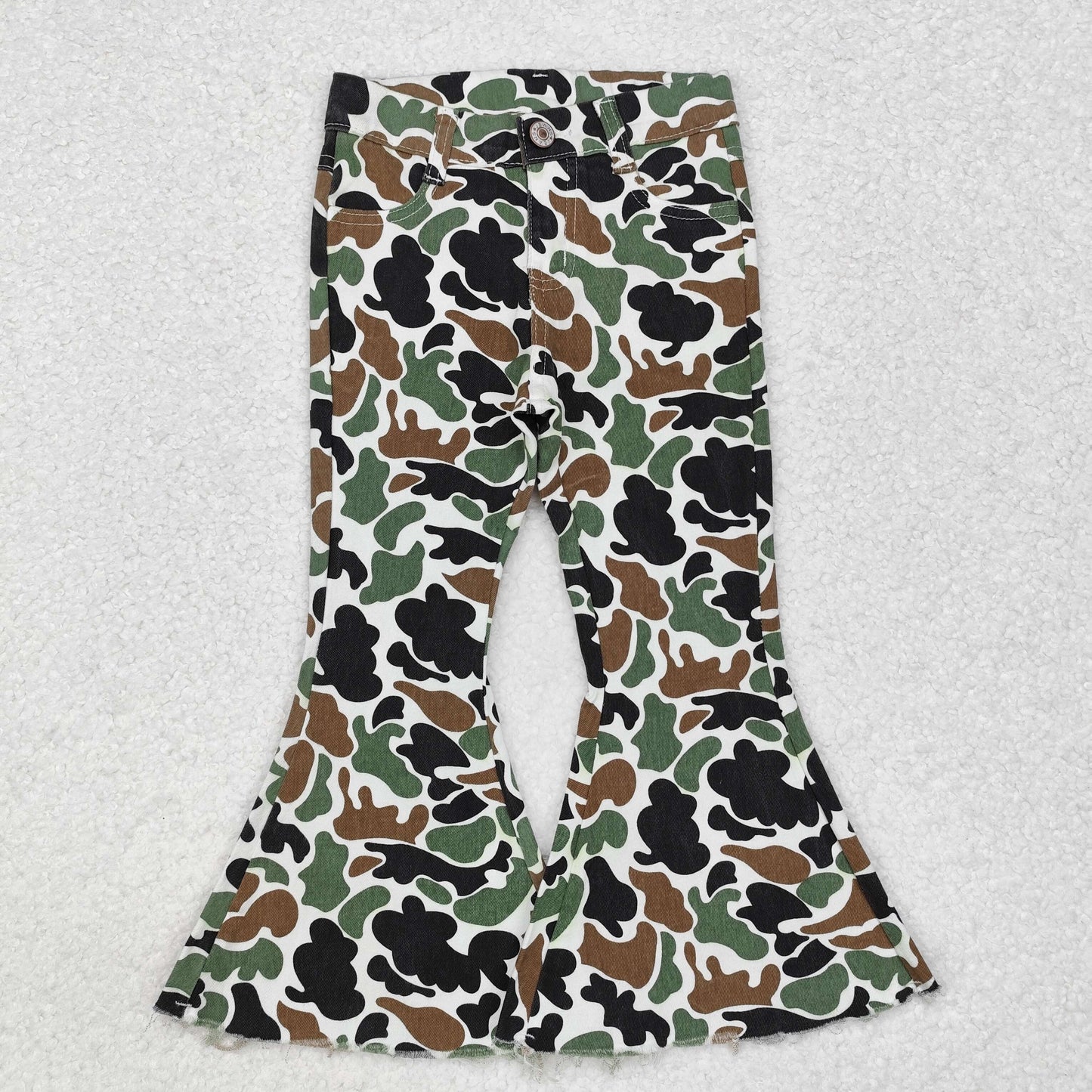 P0582 Dark Brown Camo Print Denim Bell Bottom Jeans Girls Pants