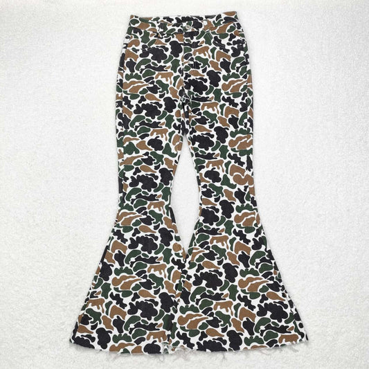 P0583 Adult Dark Brown Camo Denim Bell Bottom Jeans Woman Pants