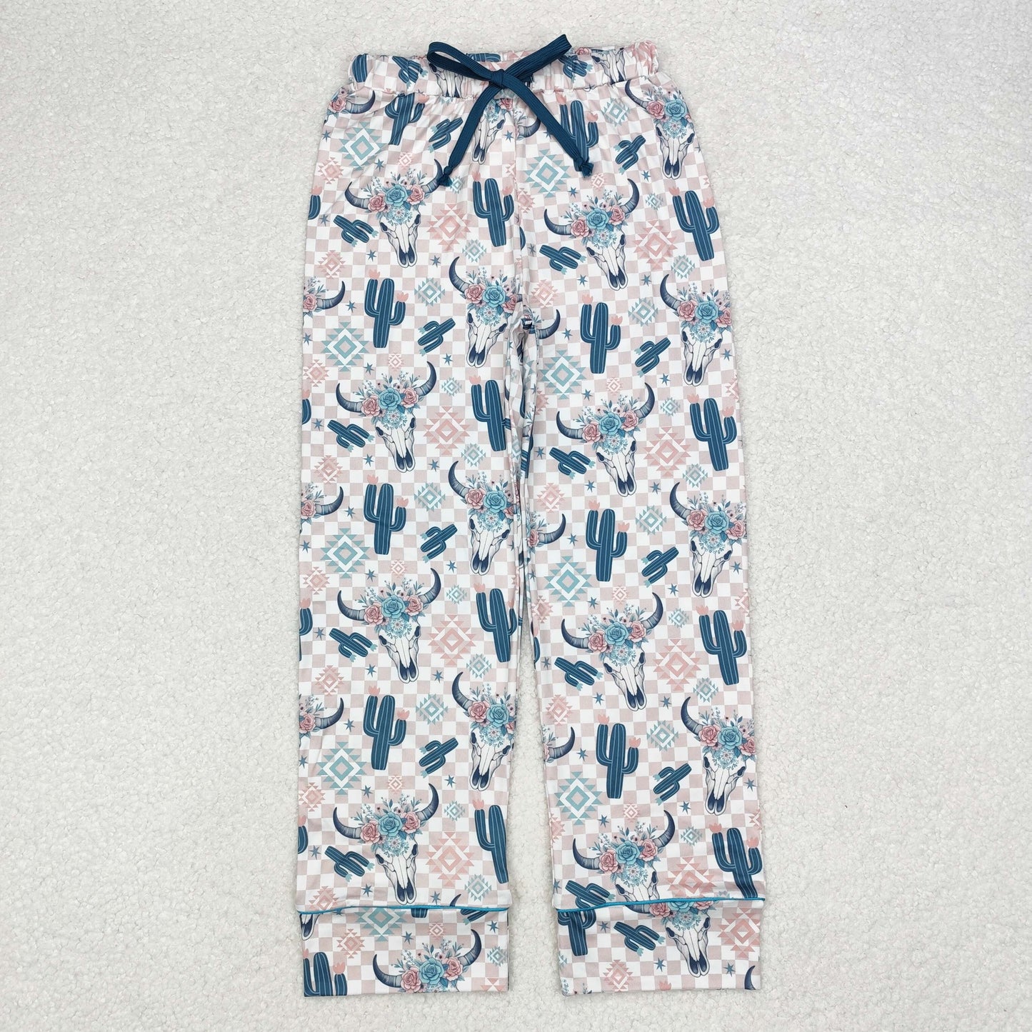 P0584 Cow Skull Flowers Aztec Print Adult Woman Pajamas Pants