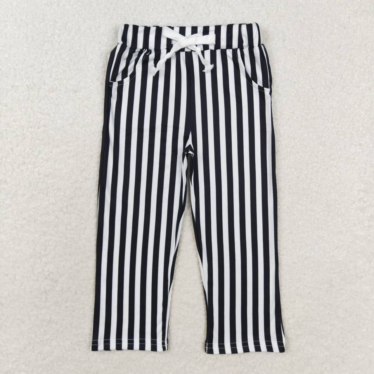 P0588 Black Stripes Print Kids Bottom Pockets Pants