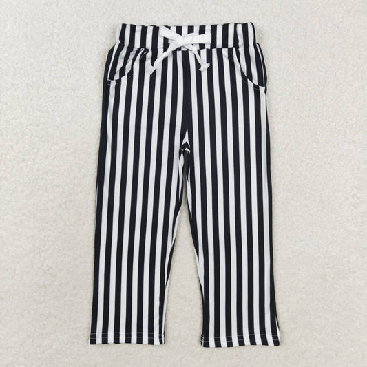 P0588 Black Stripes Print Kids Bottom Pockets Pants