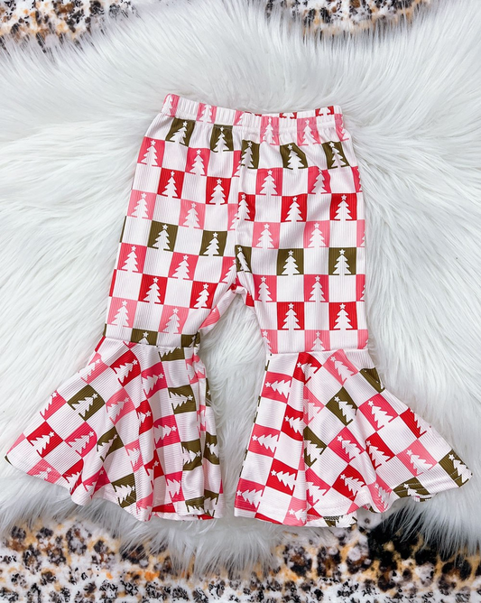 (Pre-order)P0595 Tree Plaid Print Girls Christmas Bell Bottom Pants