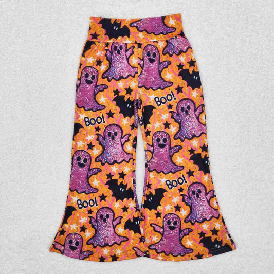 P0609 Purple Ghost Bat BOO Print Girls Halloween Bell Bottom Pants