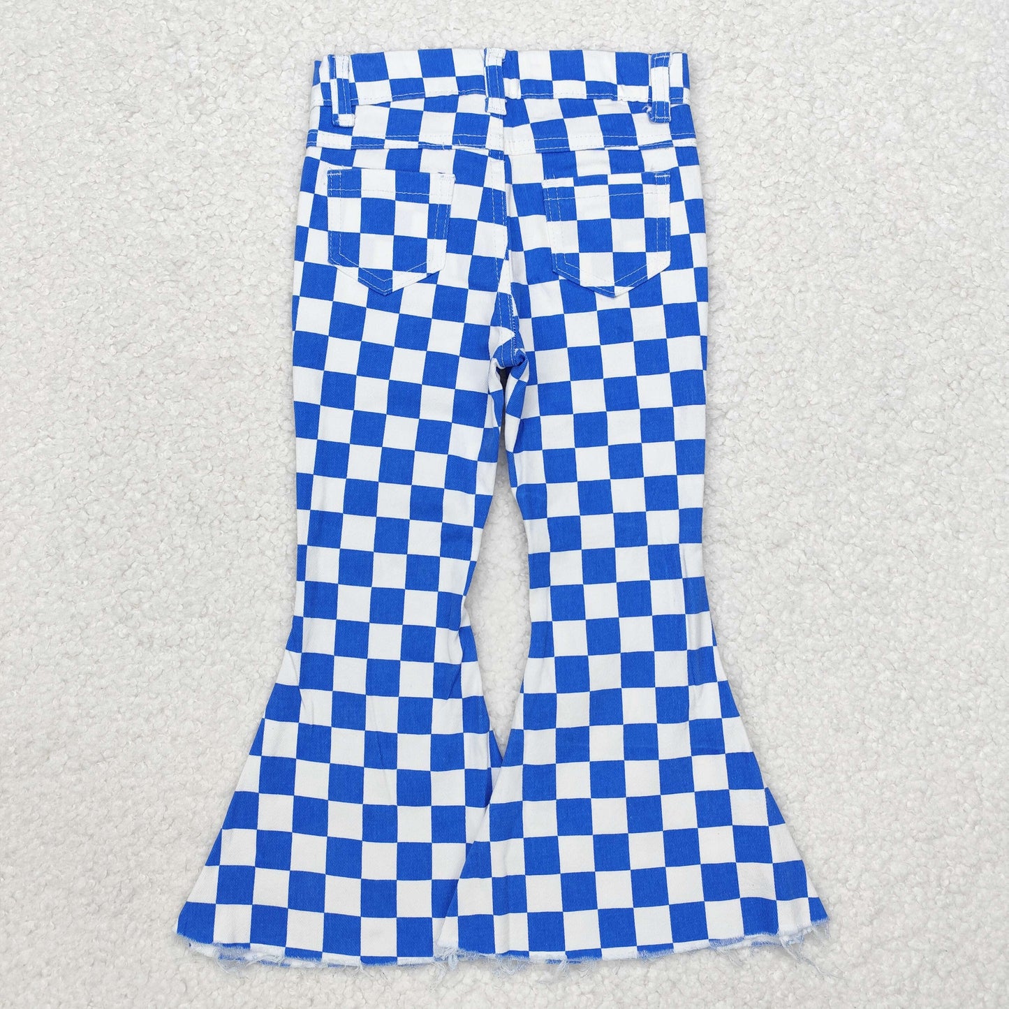 P0610  Blue Plaid Print Denim Bell Bottom Jeans Girls Pants