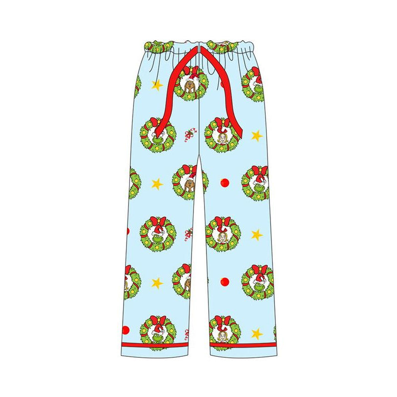 (Pre-order)P0613 Green Frog Holly Flowers Print Adult Man Christmas Pajamas Pants