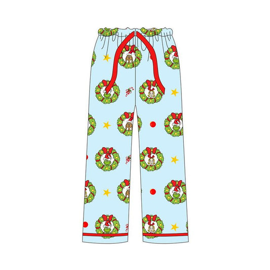 (Pre-order)P0613 Green Frog Holly Flowers Print Adult Man Christmas Pajamas Pants