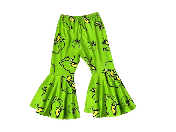 (Pre-order)P0627 Green Frog Face Print GirlsChristmas Bell Bottom Pants