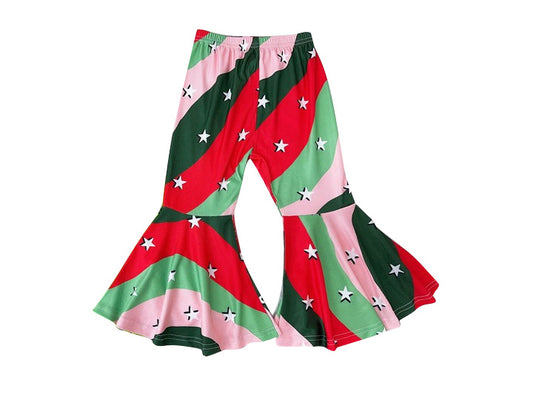 (Pre-order)P0628 Green Red Pink Stars Print Girls Christmas Bell Bottom Pants