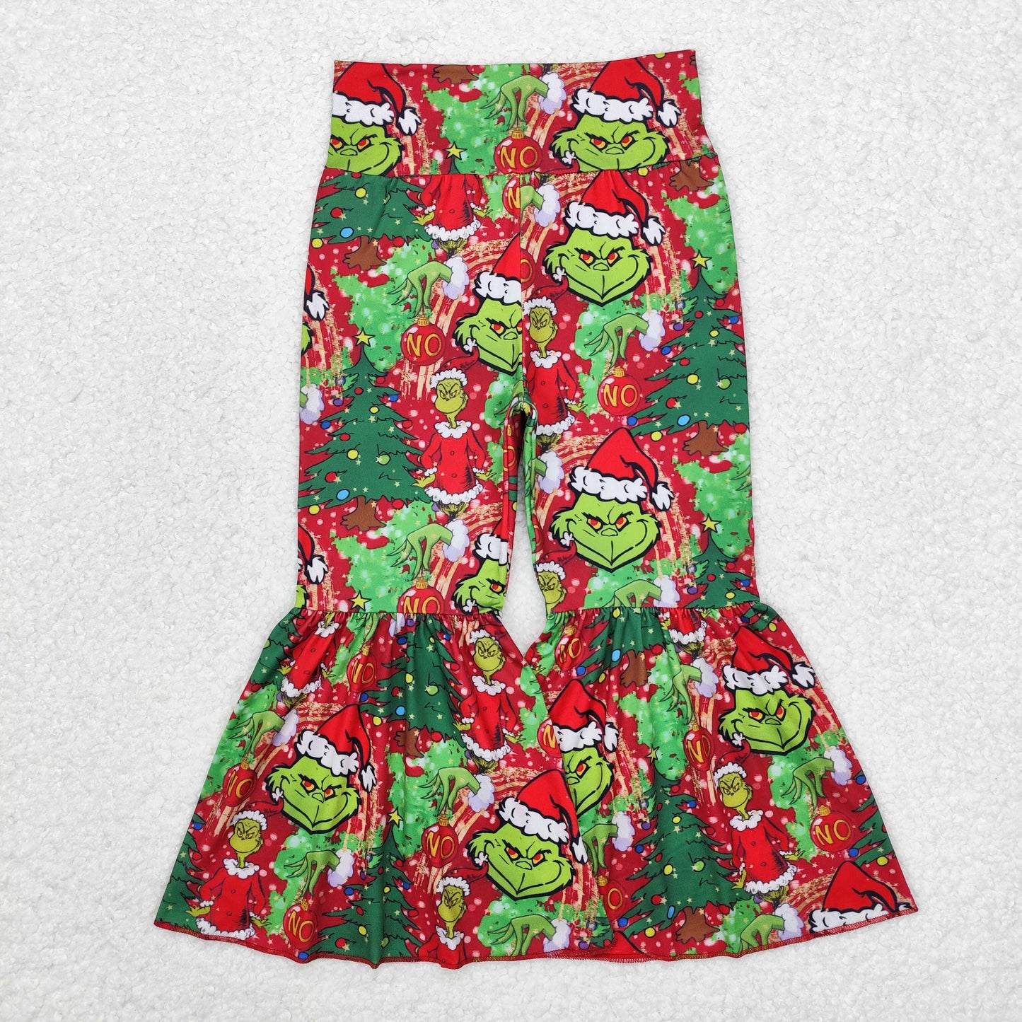 P0630 Green Frog Tree Print Girls Christmas Bell Bottom Pants