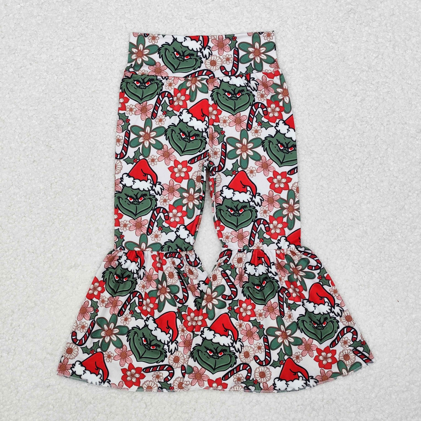 P0631 Green Frog Flowers Print Girls Christmas Bell Bottom Pants