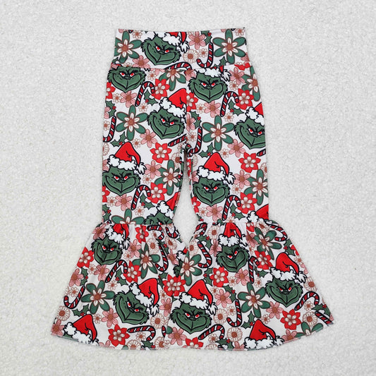 P0631 Green Frog Flowers Print Girls Christmas Bell Bottom Pants