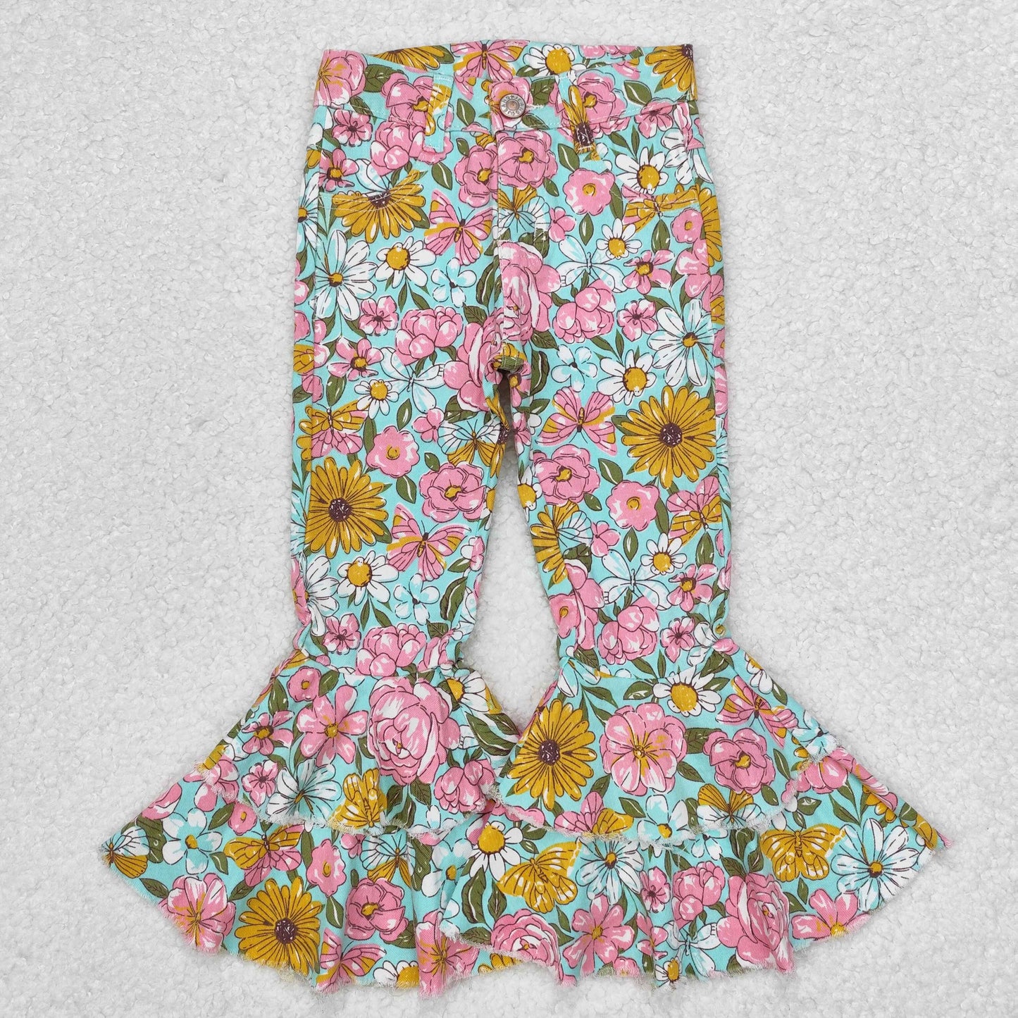 P0633 Flowers Denim Bell Bottom Jeans Girls Fall Pants