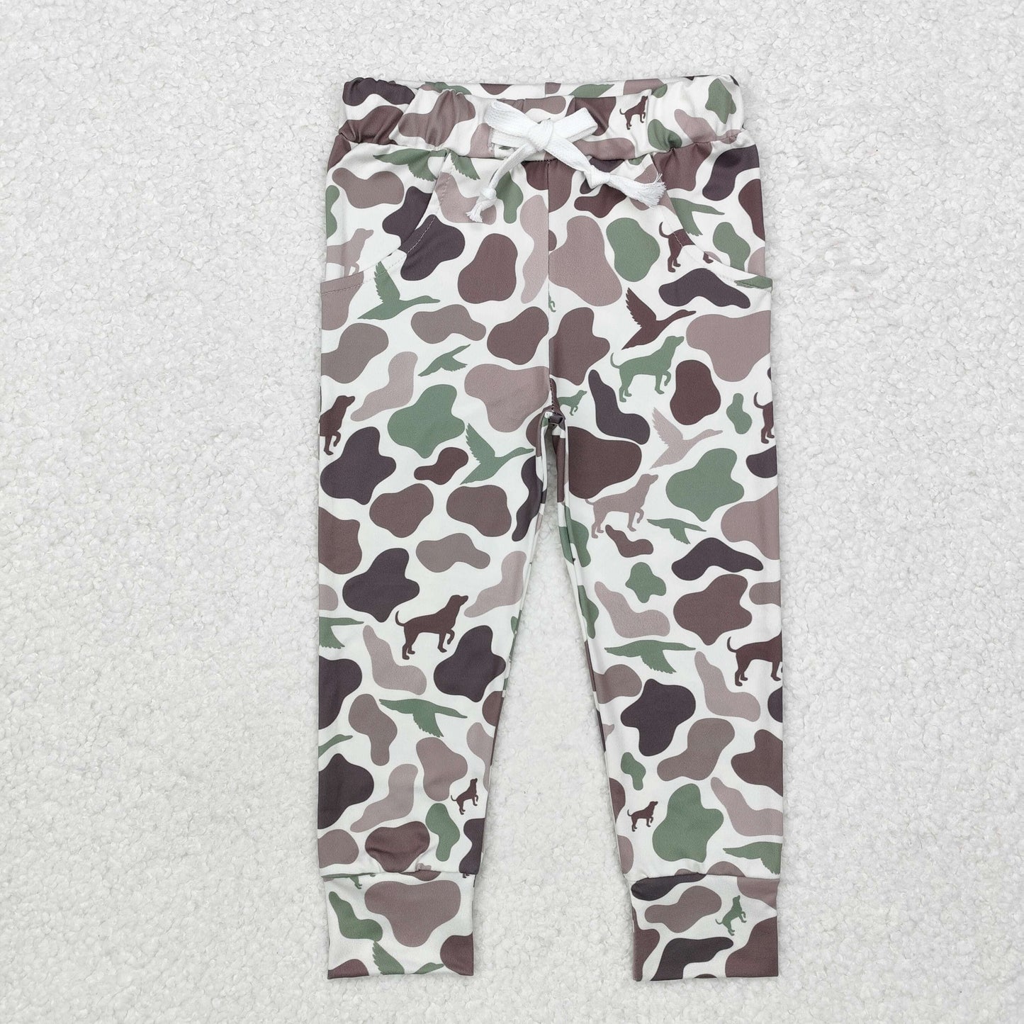 P0660  Green Camo Dog Print Kids Jogger Pockets Pants