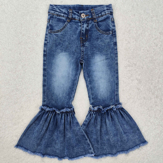 P0676 Blue Washed Denim Bell Bottom Jeans Girls Pants