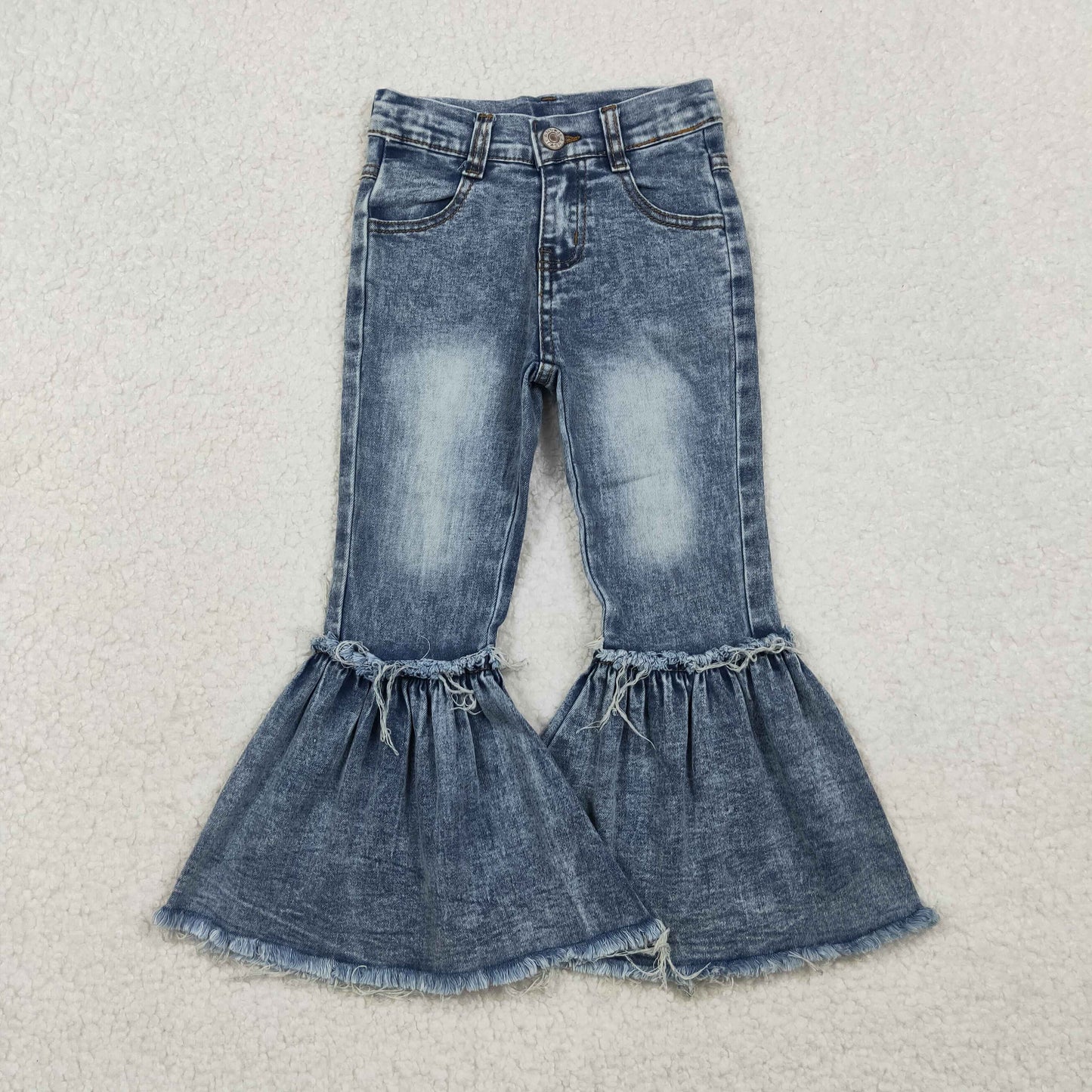 P0676 Blue Washed Denim Bell Bottom Jeans Girls Pants