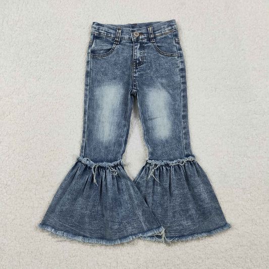 P0676 Blue Washed Denim Bell Bottom Jeans Girls Pants