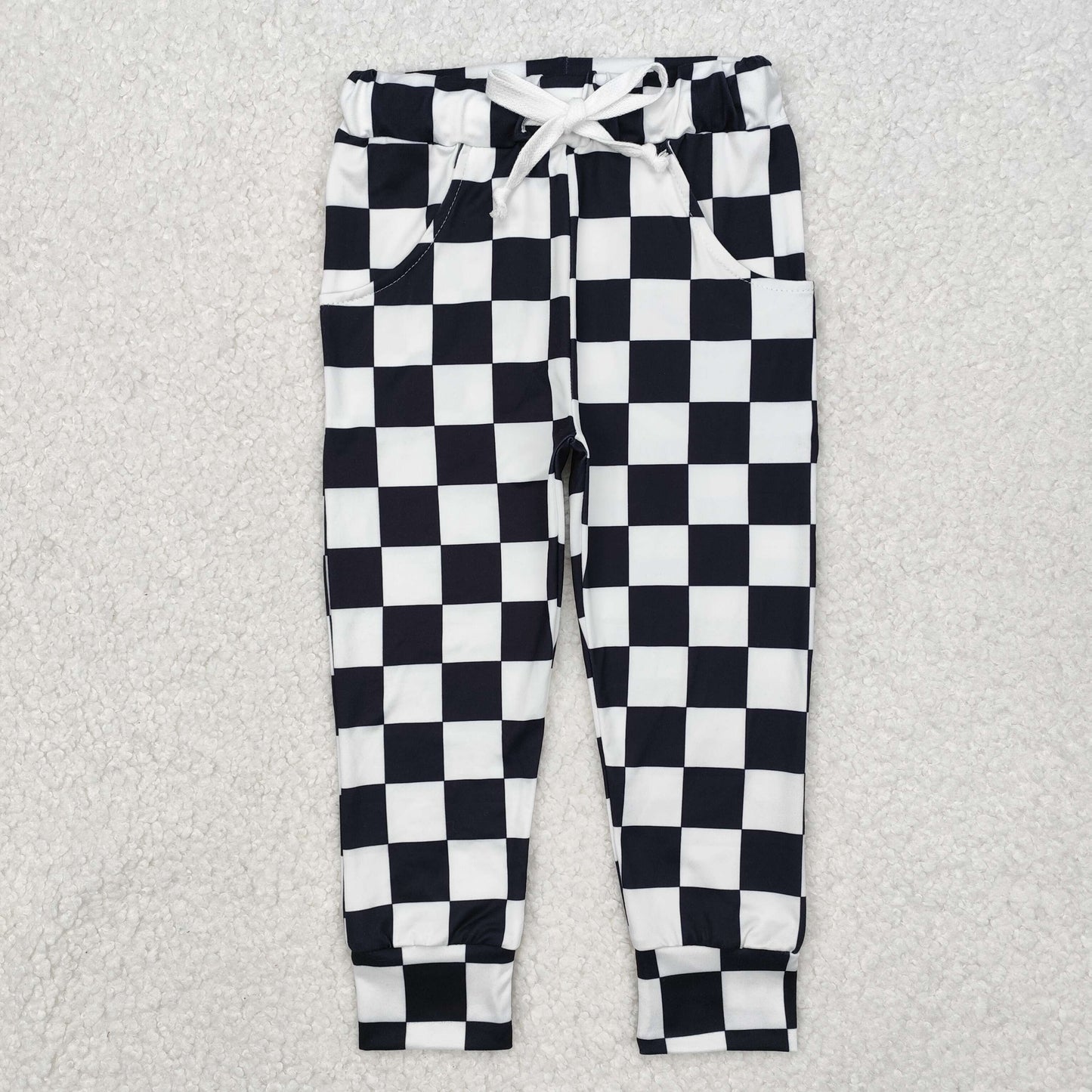 P0699 Black Plaid Print Kids Pockets Pants