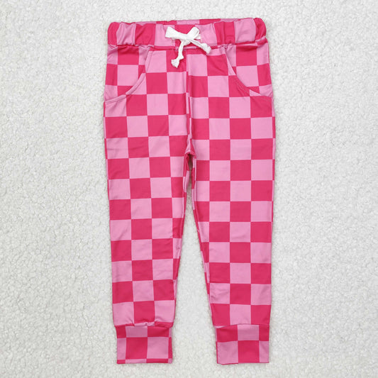 P0700 Pink Plaid Print Kids Pockets Pants