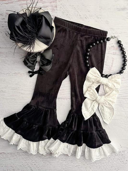(Pre-order)P0720 Black Color Velvet Girls Ruffle Bell Bottom Pants