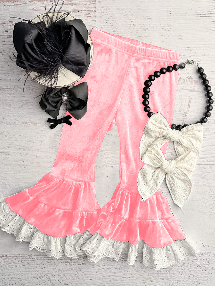 (Pre-order)P0721 Pink Color Velvet Girls Ruffle Bell Bottom Pants