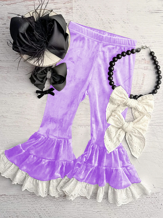 (Pre-order)P0722 Purple Color Velvet Girls Ruffle Bell Bottom Pants