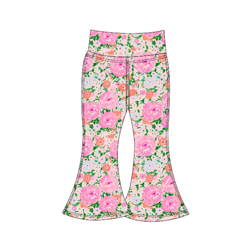 (Pre-order)P0769 Pink Flowers Girls Yoga Bell Bottom Pants
