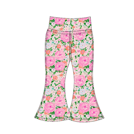 (Pre-order)P0769 Pink Flowers Girls Yoga Bell Bottom Pants