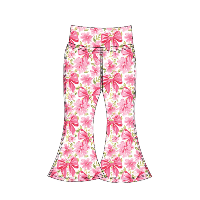 (Pre-order)P0770 Pink Flowers Bows Girls Yoga Bell Bottom Pants