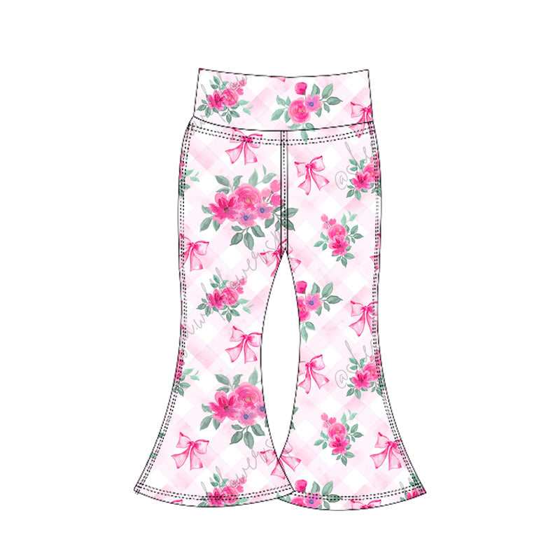 (Pre-order)P0772 Hot Pink Flowers Bows Girls Yoga Bell Bottom Pants