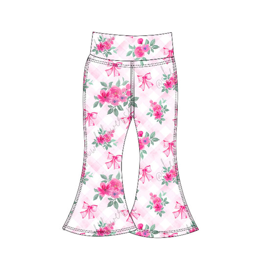 (Pre-order)P0772 Hot Pink Flowers Bows Girls Yoga Bell Bottom Pants